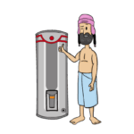 A cartoon man smiling next to his hot water cylinder, showcasing how to save on water heating costs with Electric Kiwi.