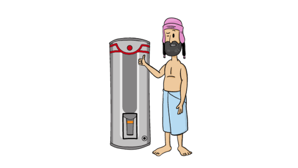 A cartoon man smiling next to his hot water cylinder, showcasing how to save on water heating costs with Electric Kiwi.