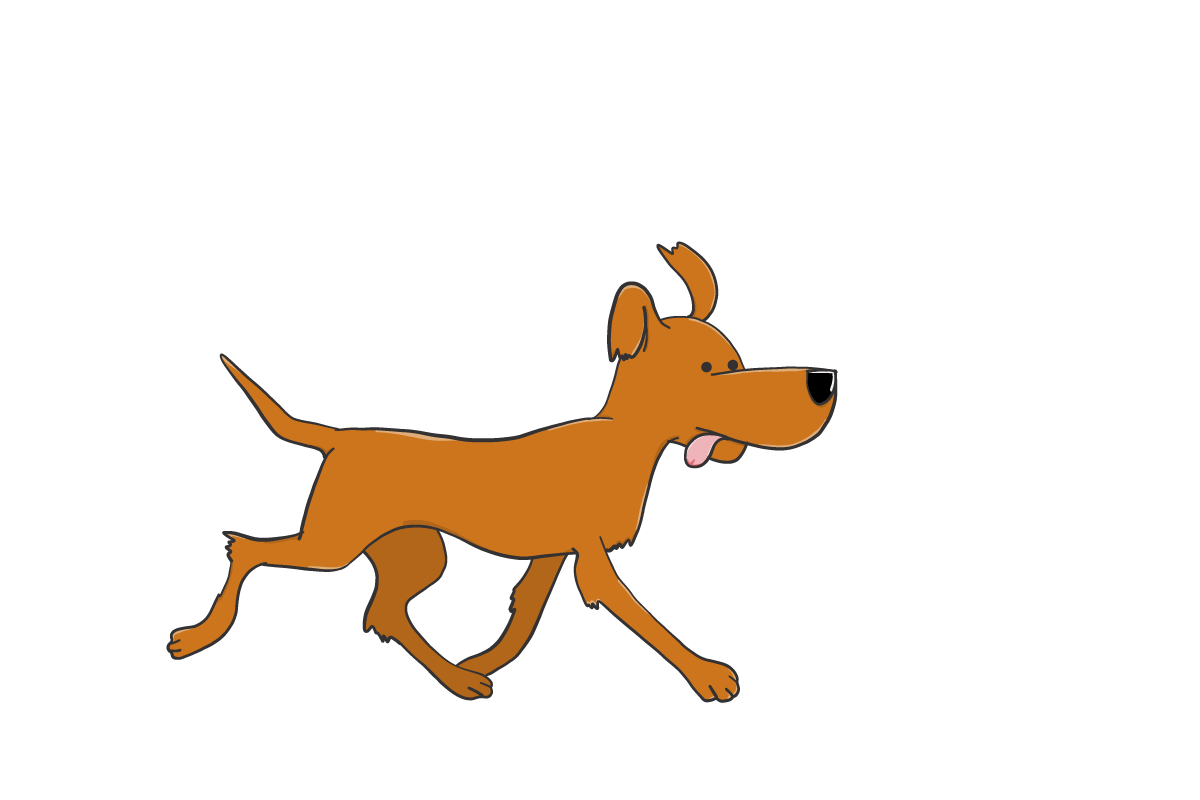 Cartoon dog playfully runs around an office, symbolizing a fun and energetic workplace culture.