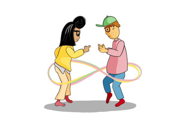 Happy cartoon couple dances "Footloose" style, celebrating freedom from unfair energy and broadband industry practices with Electric Kiwi. Making things better!