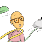 Cartoon man tangled in ethernet cables struggles against a broadband modem. Escape the frustration of 30-day notice periods with Electric Kiwi Broadband!