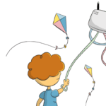 Boy happily flies a kite shaped like a broadband modem. Electric Kiwi fights for faster broadband switching.