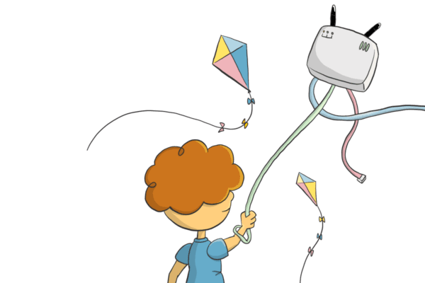 Boy happily flies a kite shaped like a broadband modem. Electric Kiwi fights for faster broadband switching.