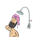 Cartoon man enjoying a refreshing shower. Electric Kiwi trials smart meter tech to help save money on water heating.