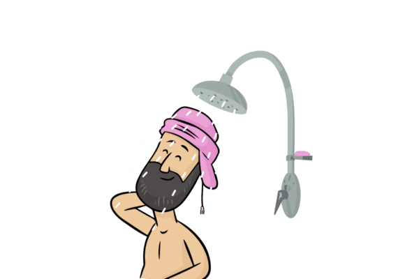 Cartoon man enjoying a refreshing shower. Electric Kiwi trials smart meter tech to help save money on water heating.