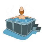 Cartoon man luxuriates in a jacuzzi, stress-free thanks to lower spa heating costs and enjoying the benefits of lower power bills achieved through load shifting.