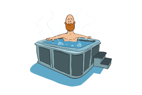Cartoon man luxuriates in a jacuzzi, stress-free thanks to lower spa heating costs and enjoying the benefits of lower power bills achieved through load shifting.