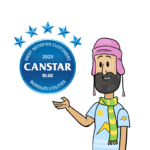 A cartoon man proudly displaying the 2023 Canstar Blue bundled utilities award, celebrating Electric Kiwi's win.