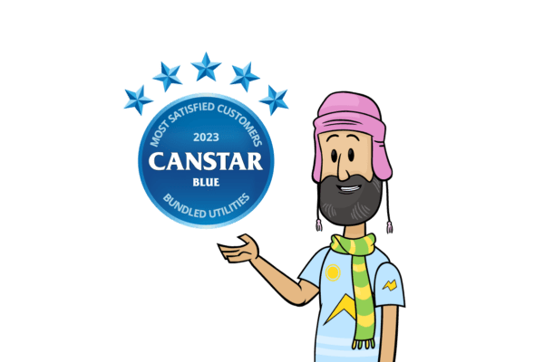A cartoon man proudly displaying the 2023 Canstar Blue bundled utilities award, celebrating Electric Kiwi's win.