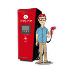 A happy cartoon man pointing to his electric vehicle charging at a ChargeNet station, showcasing Electric Kiwi's partnership.