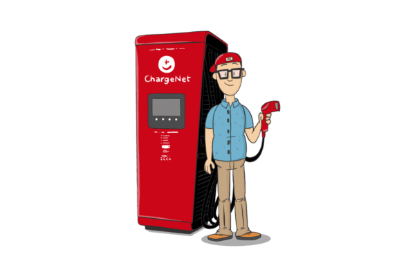 A happy cartoon man pointing to his electric vehicle charging at a ChargeNet station, showcasing Electric Kiwi's partnership.