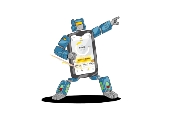 Smartphone transformed into a superhero-inspired robot displays Electric Kiwi app with Hour of Power highlighted. Power up your savings!