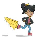 Cartoon girl rushes to put laundry away during off-peak hours. Reduce carbon by moving your usage off-peak with Electric Kiwi's MoveMaster plan.