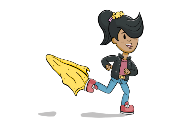 Cartoon girl rushes to put laundry away during off-peak hours. Reduce carbon by moving your usage off-peak with Electric Kiwi's MoveMaster plan.