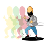 Cartoon man dances energetically, symbolizing a master mover on the MoveMaster plan. Use appliances off-peak and save money!