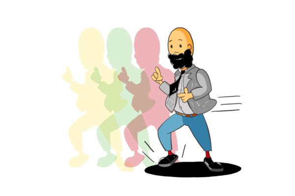 Cartoon man dances energetically, symbolizing a master mover on the MoveMaster plan. Use appliances off-peak and save money!