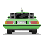 Sleek, green electric car with gullwing doors inspired by Back to the Future's DeLorean. "MoveMaster" license plate highlights Electric Kiwi's MoveMaster plan for affordable EV charging.