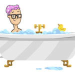 Cartoon man enjoying a cozy bath, reminding viewers to adjust water heater temperature to save on energy costs this winter.
