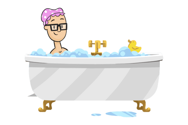 Cartoon man enjoying a cozy bath, reminding viewers to adjust water heater temperature to save on energy costs this winter.