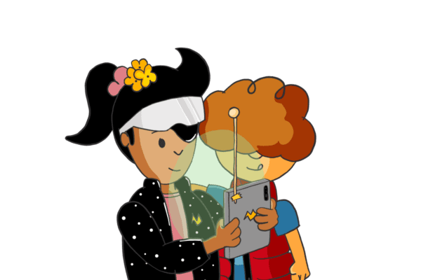 Cartoon boy and girl, inspired by Marty McFly and Doc Brown, use a remote to control appliances. Discover energy usage with our appliance usage guide!