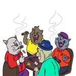 Four cats dressed in different colored shirts, representing the big four New Zealand gentailers, engage in a game of poker, symbolizing the dominance of the energy market.