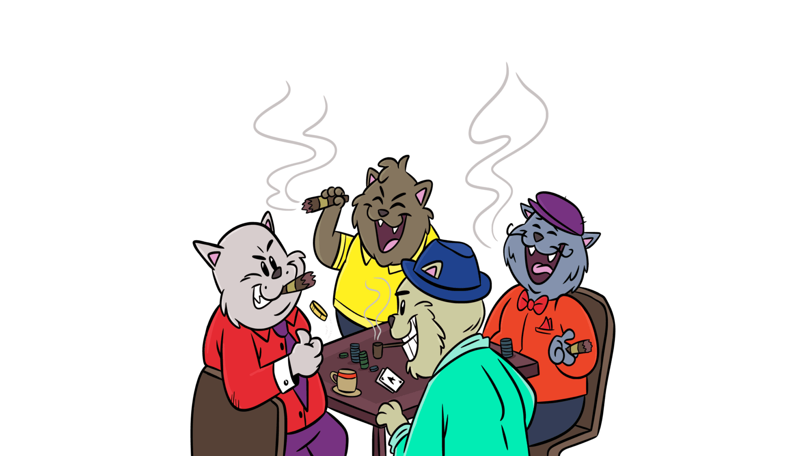 Four cats dressed in different colored shirts, representing the big four New Zealand gentailers, engage in a game of poker, symbolizing the dominance of the energy market.