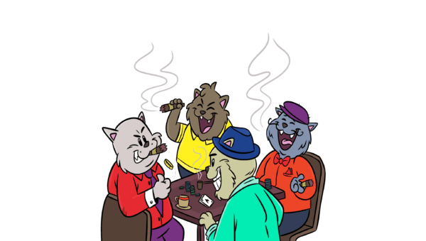 Four cats dressed in different colored shirts, representing the big four New Zealand gentailers, engage in a game of poker, symbolizing the dominance of the energy market.