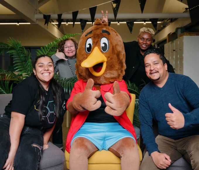 Kiwi mascot and his four buddies