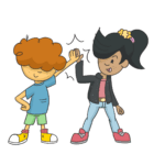 Cartoon girl and boy giving each other a high five, celebrating their success in using load shifting to save money and power.