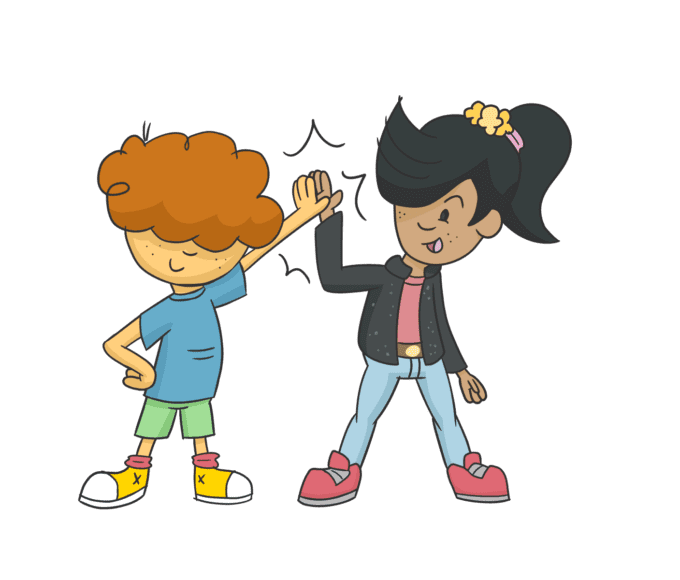 Cartoon girl and boy giving each other a high five, celebrating their success in using load shifting to save money and power.