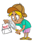 Cartoon boy dressed as a detective investigating scams and bad passwords