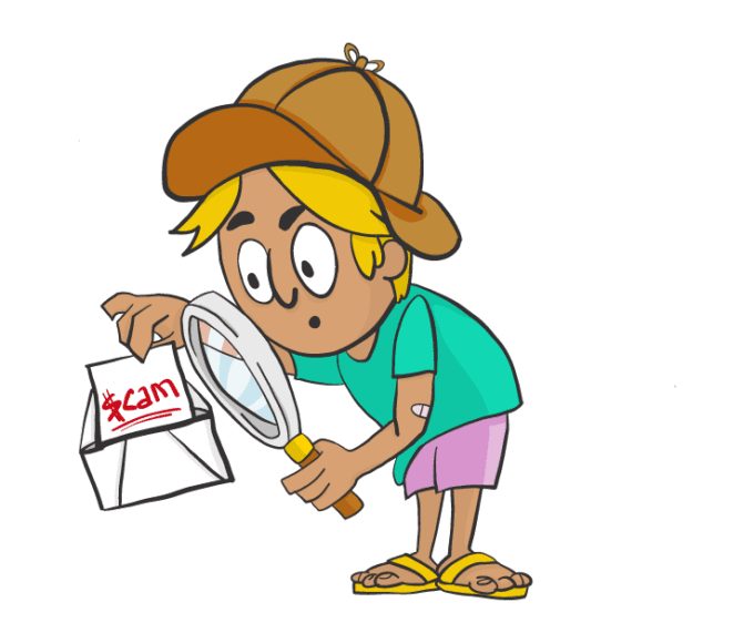 Cartoon boy dressed as a detective investigating scams and bad passwords