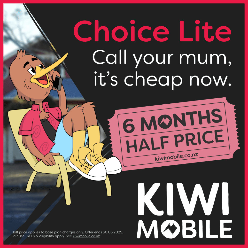 Kiwi Mobile mascot making a phone call with text “Choice Lite: Call your mum, it’s cheap now – 6 months half price”