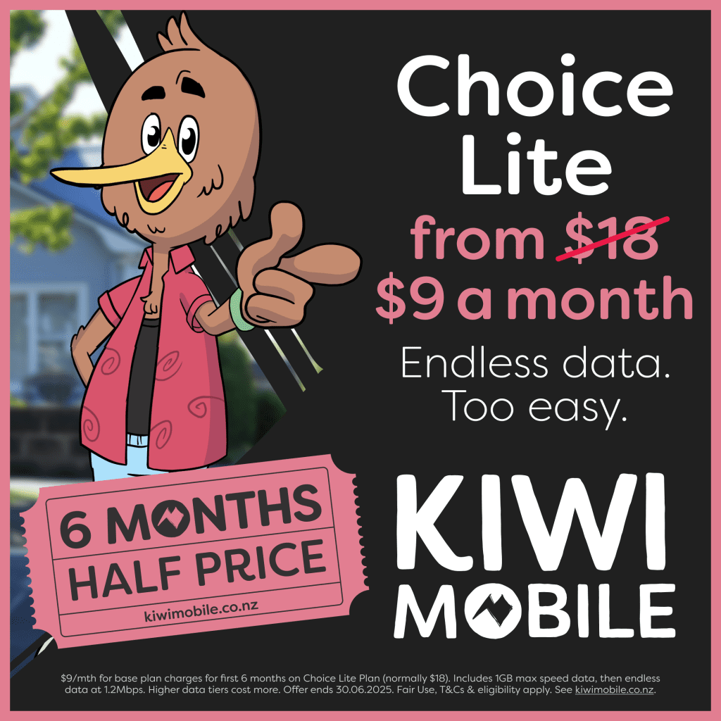 Kiwi Mobile mascot with text “Choice Lite from $9 a month, endless data, 6 months half price”