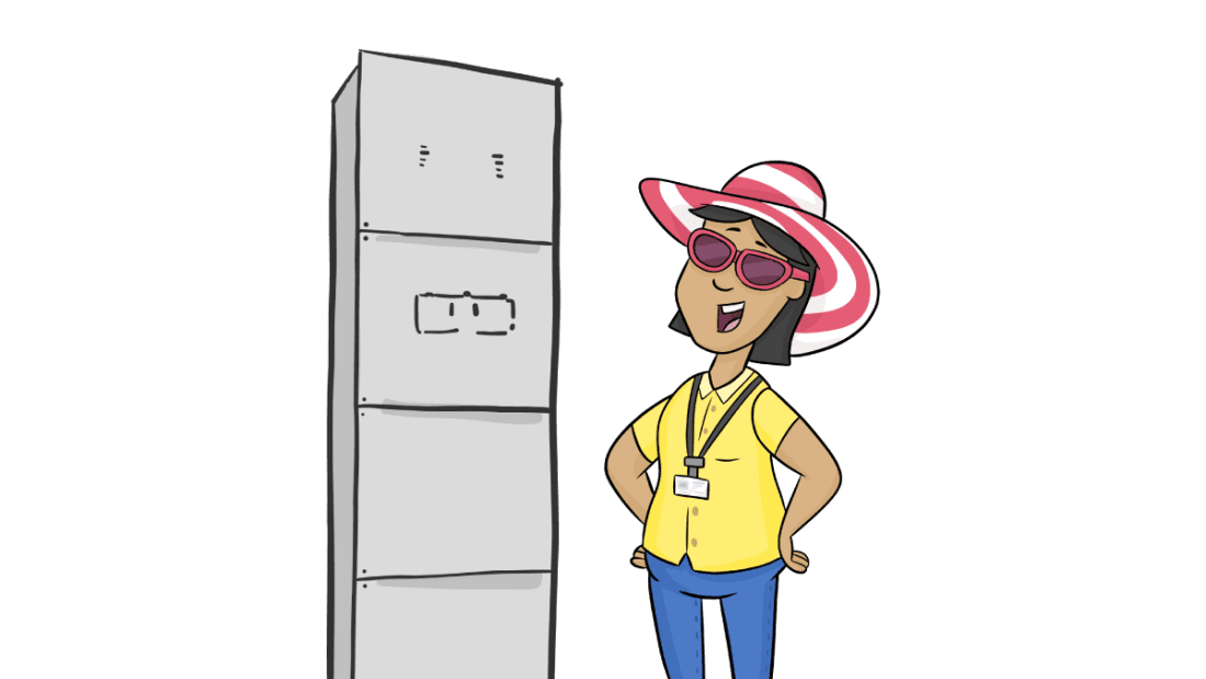 Cartoon woman standing next to battery storage unit, representing renewable energy solutions in New Zealand for market reform by Electric Kiwi