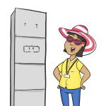 Cartoon woman standing next to battery storage unit, representing renewable energy solutions in New Zealand for market reform by Electric Kiwi