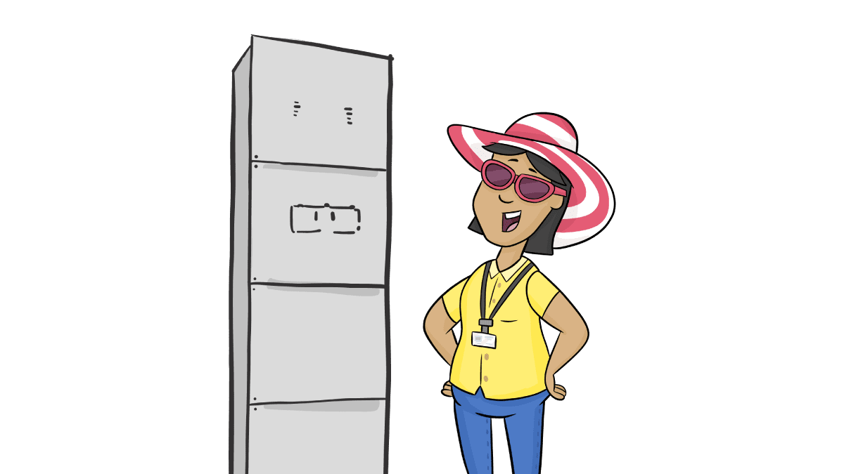 Cartoon woman standing next to battery storage unit, representing renewable energy solutions in New Zealand for market reform by Electric Kiwi